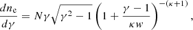 $$ \begin{aligned} \frac{dn_{\rm e}}{d\gamma } = N \gamma \sqrt{\gamma ^2 -1} \left( 1 + \frac{\gamma -1}{\kappa w}\right)^{-(\kappa + 1)}, \end{aligned} $$