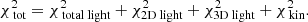 $$ \begin{aligned} \chi ^2_{\text{ tot}} = \chi ^{2}_{\text{ total} \text{ light}} + \chi ^2_{\text{2D} \text{ light}} + \chi ^2_{\text{3D} \text{ light}} + \chi ^2_{\text{ kin}}. \end{aligned} $$