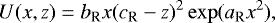 \begin{equation*} \begin{aligned} \hspace*{-2pt}& U(x,z) = b_{\textrm{R}}x(c_{\textrm{R}}-z)^2\exp(a_{\textrm{R}}x^2),\end{aligned} \end{equation*}