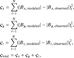 \begin{equation*} \begin{aligned} \hspace*{-2pt}& \varsigma_x = \sum_{i=1}^{N} (|B_{x, \text{ modeled}}| - |B_{x,\text{ observed}}|)_i^2,\\ \hspace*{-2pt}& \varsigma_y = \sum_{i=1}^{N} (|B_{y, \text{ modeled}}| - |B_{y,\text{ observed}}|)_i^2,\\ \hspace*{-2pt}& \varsigma_z = \sum_{i=1}^{N} (|B_{z, \text{ modeled}}| - |B_{z,\text{ observed}}|)_i^2,\\ \hspace*{-2pt}& \varsigma_{\text{total}} = \varsigma_x &#x002B; \varsigma_y &#x002B; \varsigma_z, \end{aligned}\end{equation*}
