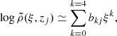 Mathematical equation: $$ \begin{aligned} \log \tilde{\rho }(\xi ,z_j) \simeq \sum \limits _{k=0}^{k=4} b_{kj} \xi ^k, \end{aligned} $$