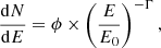 $$ \begin{aligned} \frac{\mathrm{d} N}{\mathrm{d} E} = \phi \times \left(\frac{E}{E_0}\right)^{-\Gamma }, \end{aligned} $$