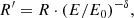 $$ \begin{aligned} R^{\prime }=R\cdot (E/E_0)^{-\delta }, \end{aligned} $$