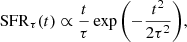 $$ \begin{aligned} \mathrm{SFR}_{\tau }(t) \propto \dfrac{t}{\tau } \exp {\left( -\dfrac{t^2}{2\tau ^2} \right)} , \end{aligned} $$