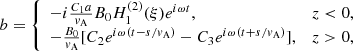 $$ \begin{aligned} b= {\left\{ \begin{array}{ll} -i\frac{C_1a}{v_{\rm A}}B_0H_1^{(2)}(\xi )e^{i\omega t},&z < 0, \\ -\frac{B_0}{v_{\rm A}}[C_2e^{i\omega (t - s/v_{\rm A})}-C_3e^{i\omega (t + s/v_{\rm A})}],&z>0, \end{array}\right.} \end{aligned} $$