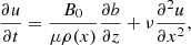 $$ \begin{aligned} \frac{\partial u}{\partial t}=\frac{B_0}{\mu \rho (x)}\frac{\partial b}{\partial z}+\nu \frac{\partial ^{2}u}{\partial x^{2}}, \end{aligned} $$