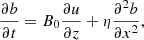 $$ \begin{aligned} \frac{\partial b}{\partial t}=B_0\frac{\partial u}{\partial z}+\eta \frac{\partial ^{2}b}{\partial x^{2}}, \end{aligned} $$