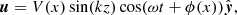 $$ \begin{aligned} {\boldsymbol{u}}&=V(x)\sin (kz)\cos (\omega t+\phi (x)){\hat{\boldsymbol{y}}},\end{aligned} $$