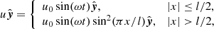 $$ \begin{aligned} u{\hat{\boldsymbol{y}}}= {\left\{ \begin{array}{ll} u_0\sin (\omega t){\hat{\boldsymbol{y}}},&|x|\le l/2, \\ u_0\sin (\omega t)\sin ^2(\pi x / l){\hat{\boldsymbol{y}}},&|x|> l/2, \end{array}\right.} \end{aligned} $$