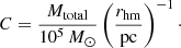 $$ \begin{aligned} C=\frac{M_\mathrm{total} }{10^5\,M_\odot }\left(\frac{r_{\rm hm}}{\mathrm{pc}}\right)^{-1}\cdot \end{aligned} $$