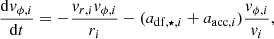 $$ \begin{aligned} \frac{\mathrm{d} { v}_{\phi ,i}}{\mathrm{d}t}&= -\frac{{ v}_{r,i} { v}_{\phi ,i}}{r_i} - (a_{\mathrm{df},\star ,i} + a_{\mathrm{acc},i})\frac{{ v}_{\phi ,i}}{{ v}_i}, \end{aligned} $$