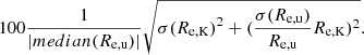 $$ \begin{aligned} 100 \frac{1}{|median(R_{\rm e,u})|} \sqrt{{\sigma (R_{\rm e,K})}^2 + {(\frac{\sigma (R_{\rm e,u})}{R_{\rm e,u}} R_{\rm e,K}})^2} .\end{aligned} $$