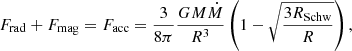 Mathematical equation: $$ \begin{aligned} F_{\rm rad} + F_{\rm mag} = F_{\rm acc} = \frac{3}{8\pi } \frac{GM\dot{M}}{R^3} \left(1 - \sqrt{\frac{3R_{\rm Schw}}{R}} \right), \end{aligned} $$