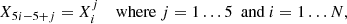 Mathematical equation: $$ \begin{aligned}&X_{5i - 5 + j} = X_i^j \quad \text{ where} \ j = 1 \ldots 5 \ \text{ and} \ i = 1 \ldots N , \end{aligned} $$