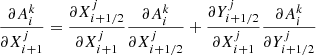 Mathematical equation: $$ \begin{aligned}&\frac{\partial A^k_i}{\partial X^j_{i+1}} = \frac{\partial X^j_{i+1/2}}{\partial X^j_{i+1}} \frac{\partial A^k_i}{\partial X^j_{i+1/2}} + \frac{\partial Y^j_{i+1/2}}{\partial X^j_{i+1}} \frac{\partial A^k_i}{\partial Y^j_{i+1/2}} \end{aligned} $$