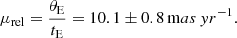 $$ \begin{aligned} \mu _{\rm rel} = \frac{\theta _{\rm E}}{t_{\rm E}}=10.1 \pm 0.8 \,\mathrm mas\,yr ^{-1}. \end{aligned} $$