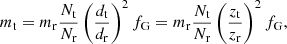 $$ \begin{aligned} m_{\rm t}=m_{\rm r} \frac{N_{\rm t}}{N_{\rm r}} \left(\frac{d_{\rm t}}{d_{\rm r}} \right)^2 f_{\rm G}= m_{\rm r} \frac{N_{\rm t}}{N_{\rm r}} \left(\frac{z_{\rm t}}{z_{\rm r}} \right)^2 f_{\rm G}, \end{aligned} $$