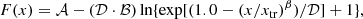 $$ \begin{aligned} F(x)= {\mathcal{A} } - ({\mathcal{D} }\cdot {\mathcal{B} })\ln \{\exp [(1.0 - (x/x_{\rm tr})^{\beta })/{\mathcal{D} }] + 1\}, \end{aligned} $$
