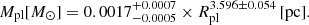 $$ \begin{aligned} M_{\rm pl}[{M}_\odot ] = 0.0017_{-0.0005}^{+0.0007} \times R^{3.596\pm 0.054}_{\rm pl}\, [\mathrm{pc} ]. \end{aligned} $$