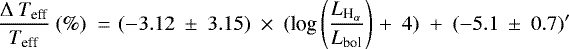 \begin{equation*} \frac{\Delta~T_{\textrm{eff}}}{T_{\textrm{eff}}}~(\%)~=~\!(-3.12~\pm~3.15)~\times~(\textrm{log}\left(\frac{L_{\textrm{H}_{\alpha}}}{L_{\textrm{bol}}}\right)\!~&#x002B;~4)~&#x002B;~(-5.1~\pm~0.7)&#x0027; \end{equation*}