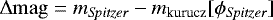 \begin{equation*}\Delta \mathrm{mag} = m_{\textit{Spitzer}} - m_{\textrm{kurucz}}[\phi_{\textit{Spitzer}}] \end{equation*}