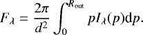 \begin{equation*} F_{\lambda}=\frac{2\pi}{d^2}\int^{R_{\textrm{out}}}_0pI_{\lambda}(p)\textrm{d}p.\end{equation*}