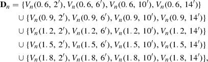 $$ \begin{aligned} \mathbf D _{n}&= \{ V_{n}(0.6, \, {2^{\prime }}), V_{n}(0.6, \, {6^{\prime }}), V_{n}(0.6, \, {10^{\prime }}), V_{n}(0.6, \, {14^{\prime }}) \} \nonumber \\&\quad \cup \{ V_{n}(0.9, \, {2^{\prime }}), V_{n}(0.9, \, {6^{\prime }}), V_{n}(0.9, \, {10^{\prime }}), V_{n}(0.9, \, {14^{\prime }}) \} \nonumber \\&\quad \cup \{ V_{n}(1.2, \, {2^{\prime }}), V_{n}(1.2, \, {6^{\prime }}), V_{n}(1.2, \, {10^{\prime }}), V_{n}(1.2, \, {14^{\prime }}) \} \nonumber \\&\quad \cup \{ V_{n}(1.5, \, {2^{\prime }}), V_{n}(1.5, \, {6^{\prime }}), V_{n}(1.5, \, {10^{\prime }}), V_{n}(1.5, \, {14^{\prime }}) \} \nonumber \\&\quad \cup \{ V_{n}(1.8, \, {2^{\prime }}), V_{n}(1.8, \, {6^{\prime }}), V_{n}(1.8, \, {10^{\prime }}), V_{n}(1.8,\,{14^{\prime }})\},\nonumber \end{aligned} $$