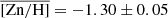 $ \overline{\mathrm{[Zn/H]}} = -1.30 \pm 0.05 $