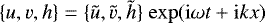 $\{u,v,h\} = \{\tilde{u},\tilde{v},\tilde{h}\} \ \mathrm{exp}(\mathrm{i} \omega t &#x002B; \mathrm{i}k x)$