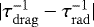 $|\tau_{\mathrm{drag}}^{-1} - \tau_{\mathrm{rad}}^{-1}|$