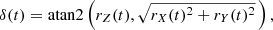 $$ \begin{aligned}&\delta (t) =\mathrm{atan2}\left(r_Z(t),\sqrt{r_X(t)^2+r_Y(t)^2}\,\right), \end{aligned} $$