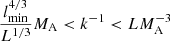 $ \frac{l_{\mathrm{min}}^{4/3}}{L^{1/3}}M_{\mathrm{A}} < k^{-1} < LM_{\mathrm{A}}^{-3} $
