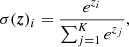 $$ \begin{aligned} \sigma (\boldsymbol{z})_i=\frac{e^{z_i}}{\sum\nolimits_{j=1}^K e^{z_j}}, \end{aligned} $$