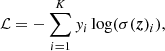 $$ \begin{aligned} \mathcal{L} =-\sum _{i=1}^K y_{i}\log (\sigma (\boldsymbol{z})_i), \end{aligned} $$
