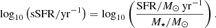 $$ \begin{aligned} \log _{10}{\left(\mathrm{sSFR} /\mathrm{yr} ^{-1}\right)} = \log _{10}\left(\frac{\mathrm{SFR} /{M}_{\odot }\,\mathrm{yr} ^{-1}}{{M}_{\star }/{M}_{\odot }}\right). \end{aligned} $$