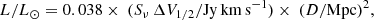 $$ \begin{aligned} L/{L_{\odot }} = 0.038 \times \ (S_{\nu }\,\Delta V_{1/2}/\mathrm{Jy\,km\,s^{-1}}) \times \ (D/\mathrm{Mpc})^2, \end{aligned} $$