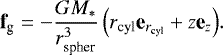 \begin{equation*} \textbf{f}_{\textrm{g}} = -\frac{GM_{*}}{r_{\mathrm{spher}}^3}\left(r_{\mathrm{cyl}}\textbf{e}_{r_{\mathrm{cyl}}}+z\textbf{e}_{z}\right)\!.\end{equation*}