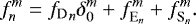 Mathematical equation: \begin{equation*} f^m_n = {f_{\mathrm{D}}}_n \delta^m_0 + f_{\textrm{E}_{n}}^{m} + f_{\textrm{S}_{n}}^{m} . \end{equation*}