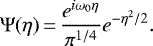 Mathematical equation: \begin{equation*} \Psi(\eta) \,{=}\, \frac{e^{i\omega_0 \eta}}{\pi^{1/4}} e^{-\eta^2/2}.\end{equation*}