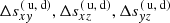 $ \Delta s_{xy}^{({\text{ u}},{\text{ d}})}, \Delta s_{xz}^{({\text{ u}},{\text{ d}})}, \Delta s_{yz}^{({\text{ u}},{\text{ d}})} $