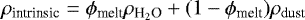 Mathematical equation: $\rho_{\text{intrinsic}}=\phi_{\text{melt}} \rho_{\text{H}_{2}\text{O}}+(1-\phi_{\text{melt}})\rho_{\text{dust}}$