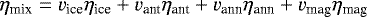 Mathematical equation: \begin{eqnarray*} \eta_{\text{mix}}=v_{\text{ice}}\eta_{\text{ice}}+v_{\text{ant}}\eta_{\text{ant}}+v_{\text{ann}}\eta_{\text{ann}}+v_{\text{mag}}\eta_{\text{mag}} \end{eqnarray*}
