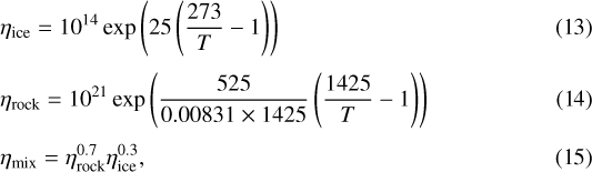 Mathematical equation: \begin{eqnarray}\hspace*{-7pt}&&\eta_{\text{ice}}=10^{14} \exp \left( 25 \left( \frac{273}{T}-1 \right) \right)\\[3pt] \hspace*{-7pt}&&\eta_{\text{rock}}=10^{21} \exp \left( \frac{525}{0.00831\times 1425} \left( \frac{1425}{T}-1 \right) \right)\\[3pt] \hspace*{-7pt}&&\eta_{\text{mix}}=\eta_{\text{rock}}^{0.7} \eta_{\text{ice}}^{0.3},\end{eqnarray}