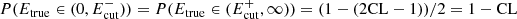 $ P(E_\mathrm{true}\in(0,E_\mathrm{cut}^{-}))=P(E_\mathrm{true}\in(E_\mathrm{cut}^{+},\infty))=(1-(2\mathrm{CL}-1))/2=1-\mathrm{CL} $