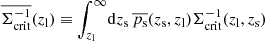 $$ \begin{aligned} \overline{\Sigma ^{-1}_{\rm crit} }(z_{\rm l})&\equiv \int _{z_{\rm l}}^{\infty } \!\mathrm{d} z_{\rm s} \, \overline{p_{\rm s}}(z_{\rm s}, z_{\rm l}) \Sigma _{\rm crit}^{-1} (z_{\rm l},z_{\rm s}) \end{aligned} $$