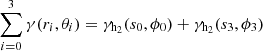 $$ \begin{aligned} \sum _{i=0}^3\gamma (r_i, \theta _i)&= \gamma _{\rm h_2}(s_0,\phi _0) + \gamma _{\rm h_2}(s_3,\phi _3) \end{aligned} $$