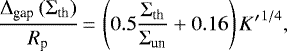 \begin{align*} \frac{\Delta_{\textrm{gap}} \left(\Sigma_{\textrm{th}}\right)}{R_{\textrm{p}}}\,{=}\,\left( 0.5 \frac{\Sigma_{\textrm{th}}}{\Sigma_{\textrm{un}}} +0.16 \right) {K^{\prime}}^{1/4}, \end{align*}