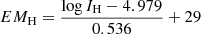 $ EM_{\mathrm{H}}=\frac{\log I_{\mathrm{H}}-4.979}{0.536}+29 $