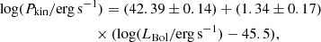 Mathematical equation: $$ \begin{aligned}&\mathrm{log} (P_{\rm kin} / \mathrm{erg\,s^{-1}})=(42.39\pm 0.14) + (1.34\pm 0.17) \nonumber \\&\qquad \qquad \qquad \quad \;\;\;\times (\mathrm{log}(L_{\rm Bol} / \mathrm{erg\,s^{-1}}) -45.5),\end{aligned} $$