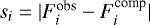 $s_i= |F^{\textrm{obs}}_i - F^{\textrm{comp}}_i|$